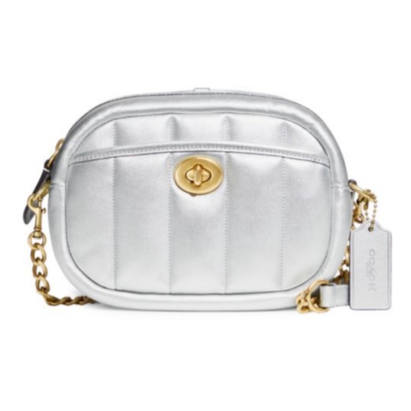 Coach Camera Crossbody Bag Silver Quilted Leather with Chain Strap - Picture 3 of 12